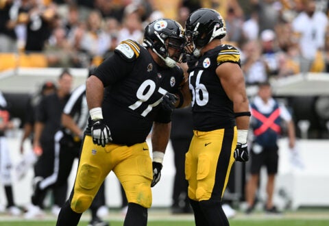 Sep 27, 2026; Pittsburgh, Pennsylvania, USA; Pittsburgh Steelers defensive tackle Cameron Heyward (97) and linebacker Alex Highsmith (56) celebrate after a play during the fourth quarter against the Cincinnati Bengals at Acrisure Stadium. Mandatory
