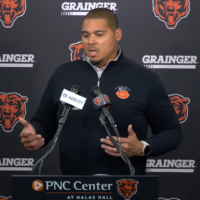 Chicago Bears general manager Ryan Poles speaks with reporters following the trade for Jeffery Simmons.