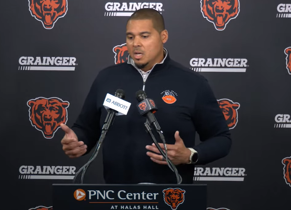 Chicago Bears general manager Ryan Poles speaks with reporters following the trade for Jeffery Simmons.