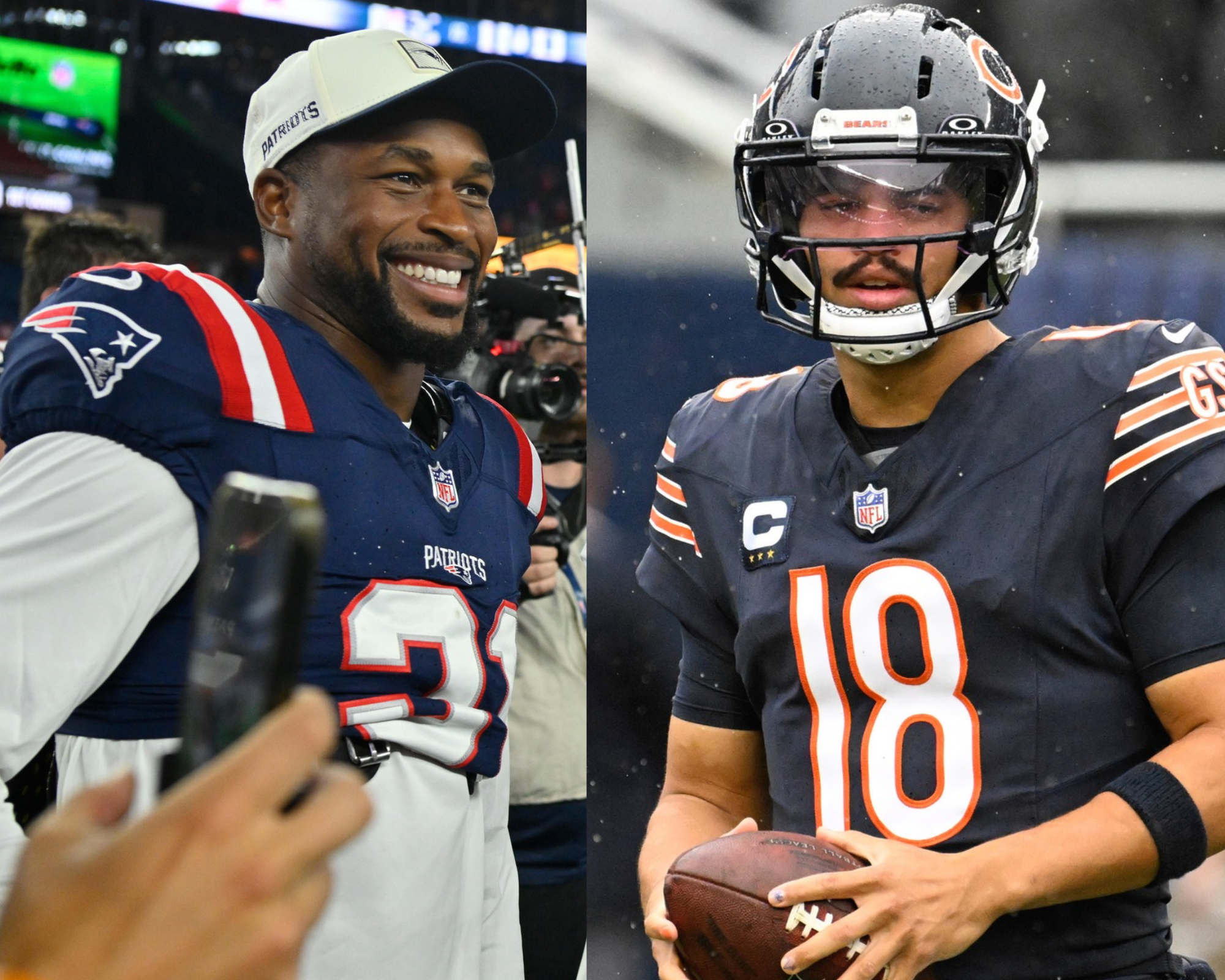 New England Patriots safety Kevin Byard III and Chicago Bears quarterback Caleb Williams.