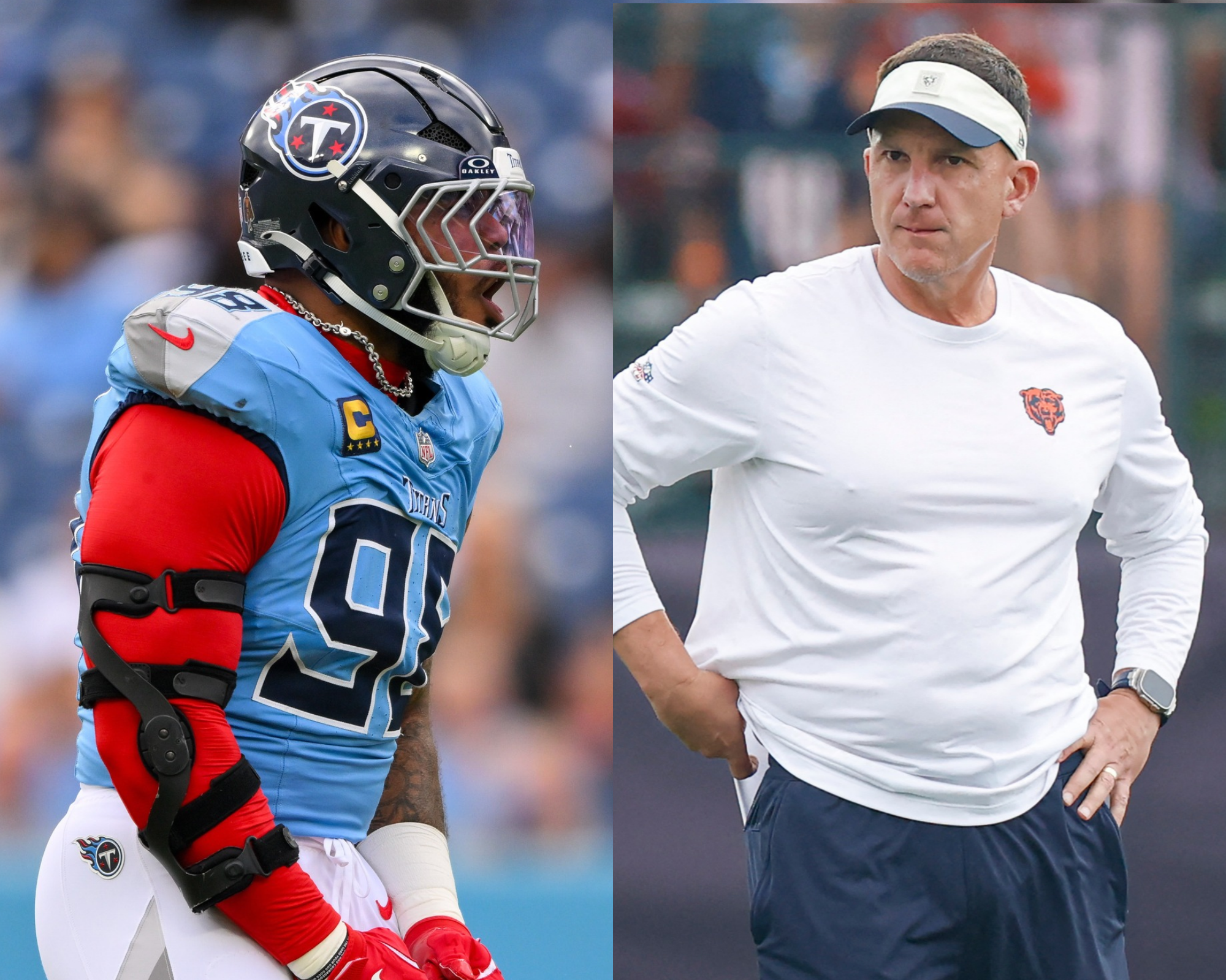 Chicago Bears defensive tackle Jeffery Simmons and defensive coordinator Dennis Allen.